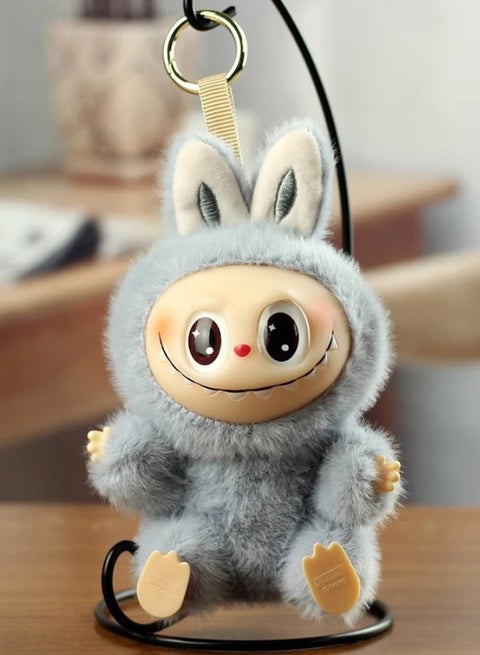 15cm Labubu Doll with Keychain, Labubu Pendant Plush Toy Doll, Stuffed Doll Cartoon Premium Soft Vinyl Plush Figure Toy for Ages 3 & Up, Grey