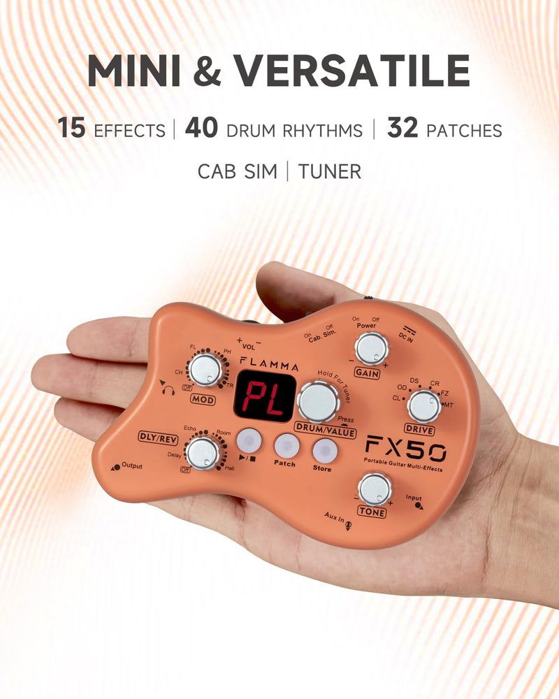 FLAMMA FX50 Practice Guitar Pedal Multi Effects Pedal Mini Portable with 40 Drum Rhythms15 Effects 32 Patches Tuner Function Support Both Corded and Battery Powered - Image 2