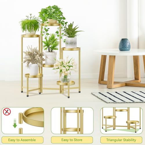 iDavosic.ly Plant Stand Indoor Outdoor, 6 Tier Corner Metal Flower Display Holder Shelf, Folding Tall Orchid Rack for Patio Balcony Porch Garden Living Room House, Gold - Image 4