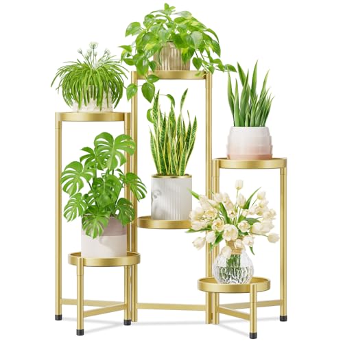 iDavosic.ly Plant Stand Indoor Outdoor, 6 Tier Corner Metal Flower Display Holder Shelf, Folding Tall Orchid Rack for Patio Balcony Porch Garden Living Room House, Gold - Image 1