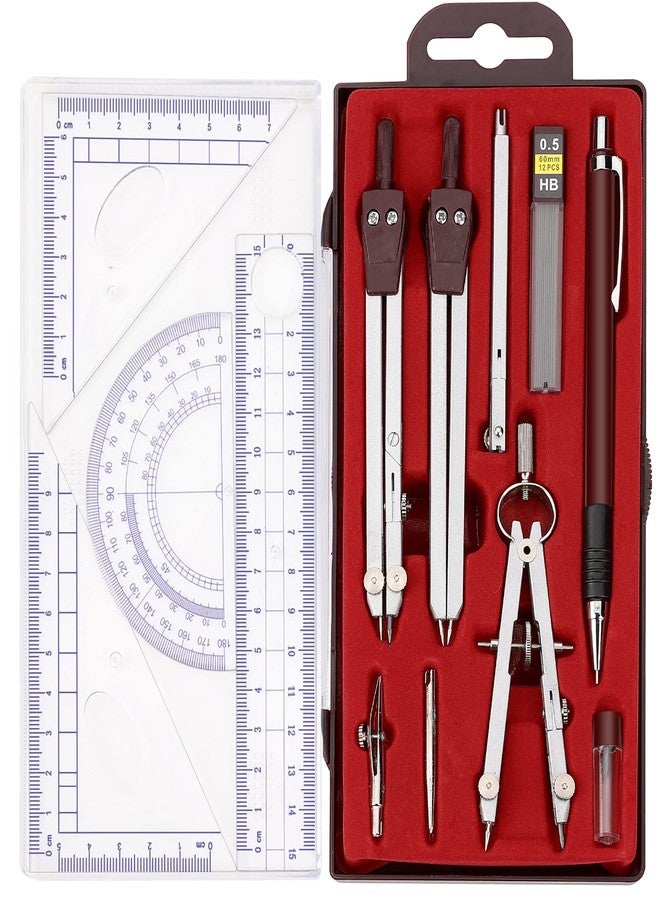 Ysglory Compass Geometry Tool, 13PCS Compass and Protractors Set Math Geometry Drawing Tool Precision Set Graphic Compasses Triangle Rulers Pencils Protractor with Storage Case (Brown) - Image 1