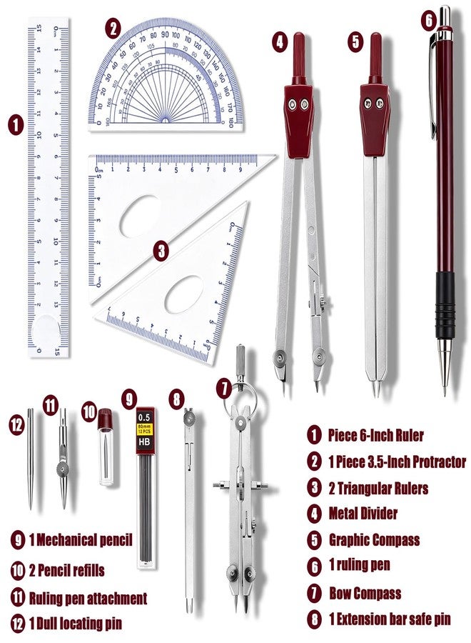 Ysglory Compass Geometry Tool, 13PCS Compass and Protractors Set Math Geometry Drawing Tool Precision Set Graphic Compasses Triangle Rulers Pencils Protractor with Storage Case (Brown) - Image 4