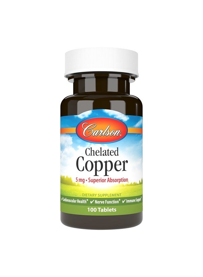 Carlson Chelated Copper, 5 mg, Superior Absorption, Cardiovascular Health, Nerve Function & Immune Support, 100 Tablets - Image 1