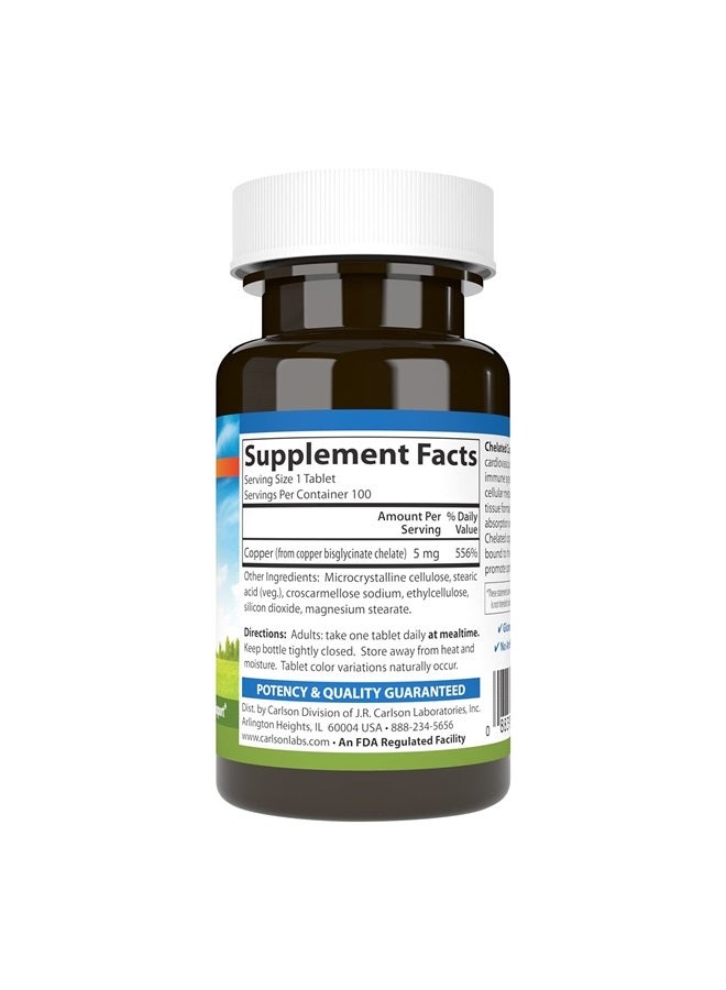 Carlson Chelated Copper, 5 mg, Superior Absorption, Cardiovascular Health, Nerve Function & Immune Support, 100 Tablets - Image 2