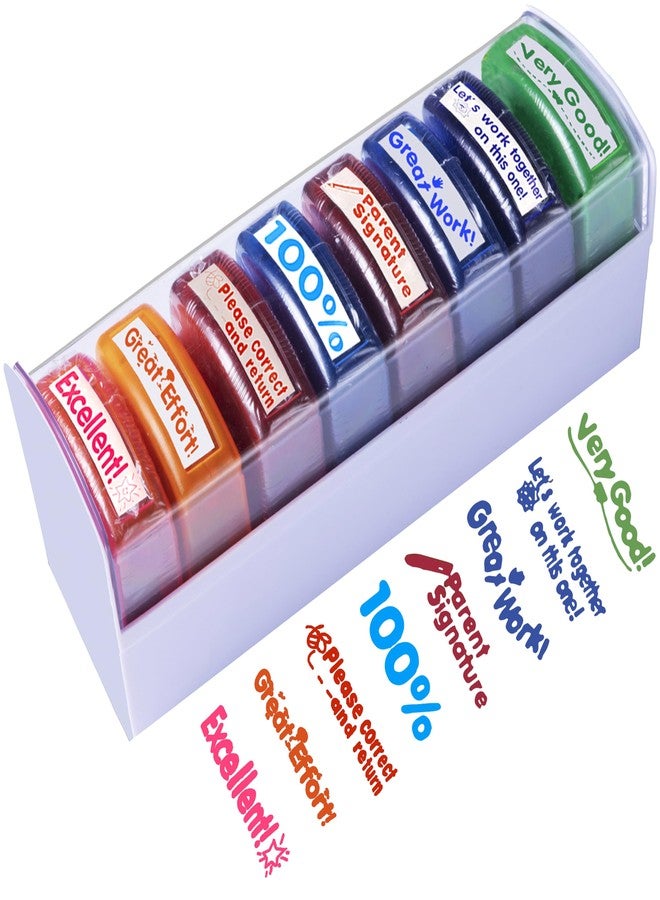 Tickselect Teacher Stamps for Classroom Grading - 8PCS Self-Inking Rectangular Teacher Stamp - Colorful Stamps for Teachers with Motivational Messages - Perfect Classroom Supplies & Gifts for Homeschool - Image 1