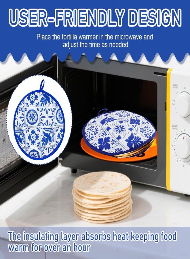 PQJSJDR 1 Pcs 12 Inch Tortilla Warmer Pouch,Blue Pattern Microwave Fabric Tortilla Warmer Pouch,Microwavable Insulated tortilla Holder,Keeps Naan and Pizza Rolls Warm for One Hour,for Family Feasts - Image 5