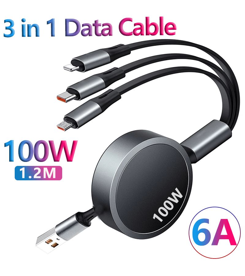 شاحن USB-C أخضر، 6 أمبير، 100 واط، 3 في 1، سريع قابل للسحب، بطول 3.94 قدم، لأجهزة iPhone وسامسونج - Image 4