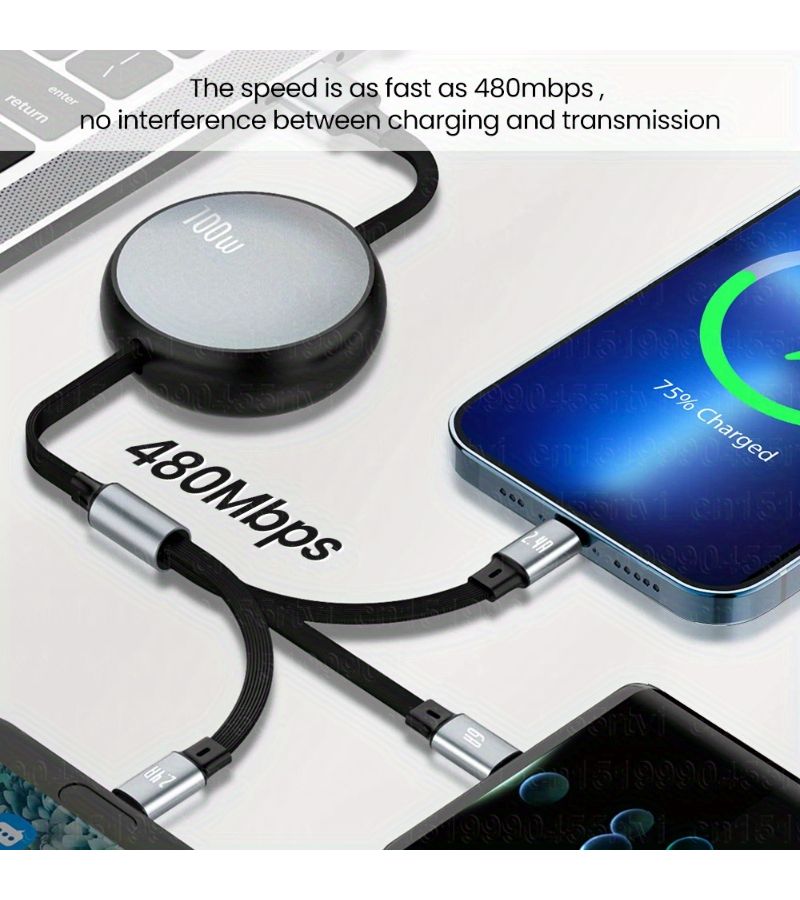 شاحن USB-C أخضر، 6 أمبير، 100 واط، 3 في 1، سريع قابل للسحب، بطول 3.94 قدم، لأجهزة iPhone وسامسونج - Image 1