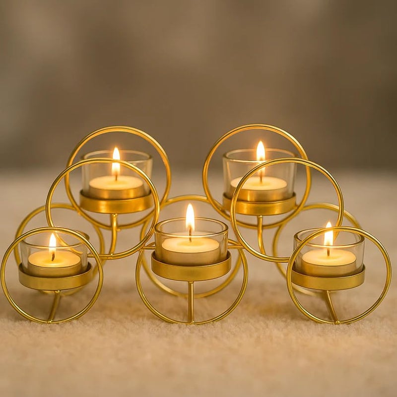 The Decor Wick Elegant Gold Metal & Glass T-Light Candle Holder – 5 Tealight Holder Stand for Home Décor, Festive & Wedding Decoration - Image 1