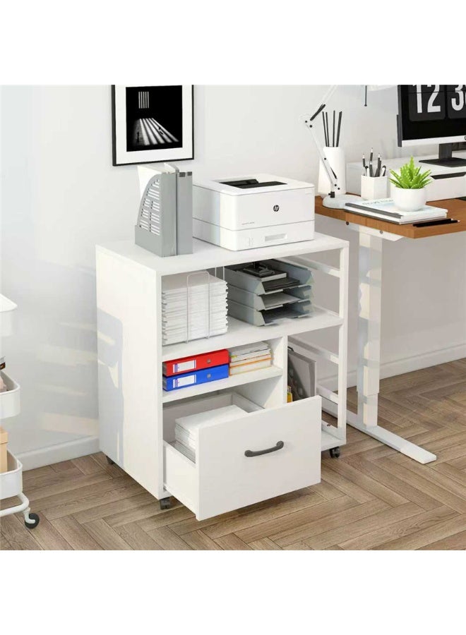 خزانة الملفات ، رف تخزين مفتوح للطابعة مع عجلات ، جدول وثيقة أرضية الخزانة الجانبية الخشبية مع درج ، منظم مساحة أثاث المكتب المنزلي (WJG005 ، الأبيض) - Image 1