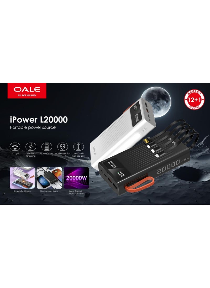 OALE - ipower L20000 Power Bank with 4 Built-in Cables, 20000mAh Lithium Polymer Battery with LED Power Indicator and Built-in Smart Overcharge Prevention System, 22.5W Fast Charging - Image 1