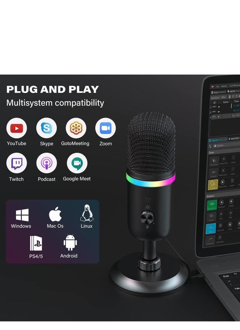 Generic - USB Microphone - Computer Condenser Gaming Mic for PC/Laptop/Phone/PS4/5, Headphone Output, Volume Control, USB Type C Plug and Play, Mute Button, for Streaming, Podcast, Studio Recording - Image 1