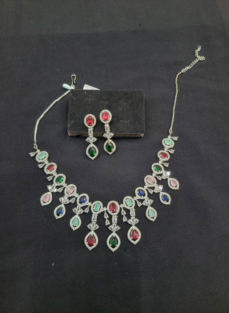 RAM JEWELLERY Premium Multicolor Zircon Stone Necklace Set with Matching Earrings for Women & Girls | Elegant Traditional & Modern Designer Jewelry | Silver Plated Bridal Necklace with Red, Green, Blue, Pink Stones | Wedding, Party, Festive Wear Necklace Set | Lightweight, Comfortable & Durable Imitation Jewelry for All Occasions - Image 2