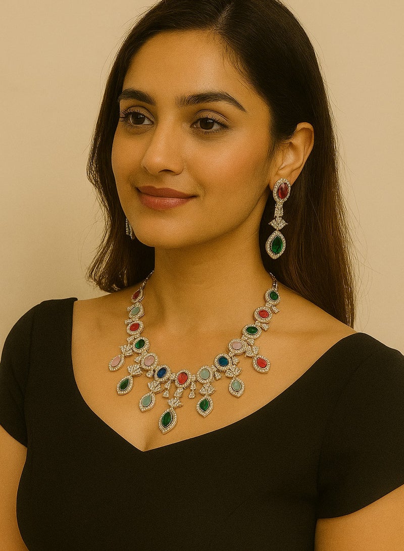 RAM JEWELLERY Premium Multicolor Zircon Stone Necklace Set with Matching Earrings for Women & Girls | Elegant Traditional & Modern Designer Jewelry | Silver Plated Bridal Necklace with Red, Green, Blue, Pink Stones | Wedding, Party, Festive Wear Necklace Set | Lightweight, Comfortable & Durable Imitation Jewelry for All Occasions - Image 1