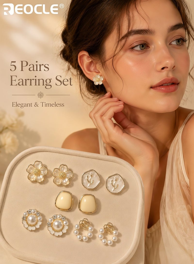 REOCLE 5 Pairs Women's Decorative Earring Set Floral Pearl-Accented & Embossed Motif Designs with Ornate Framing Versatile Earring Collection for Daily Casual & Office Wear - Image 1