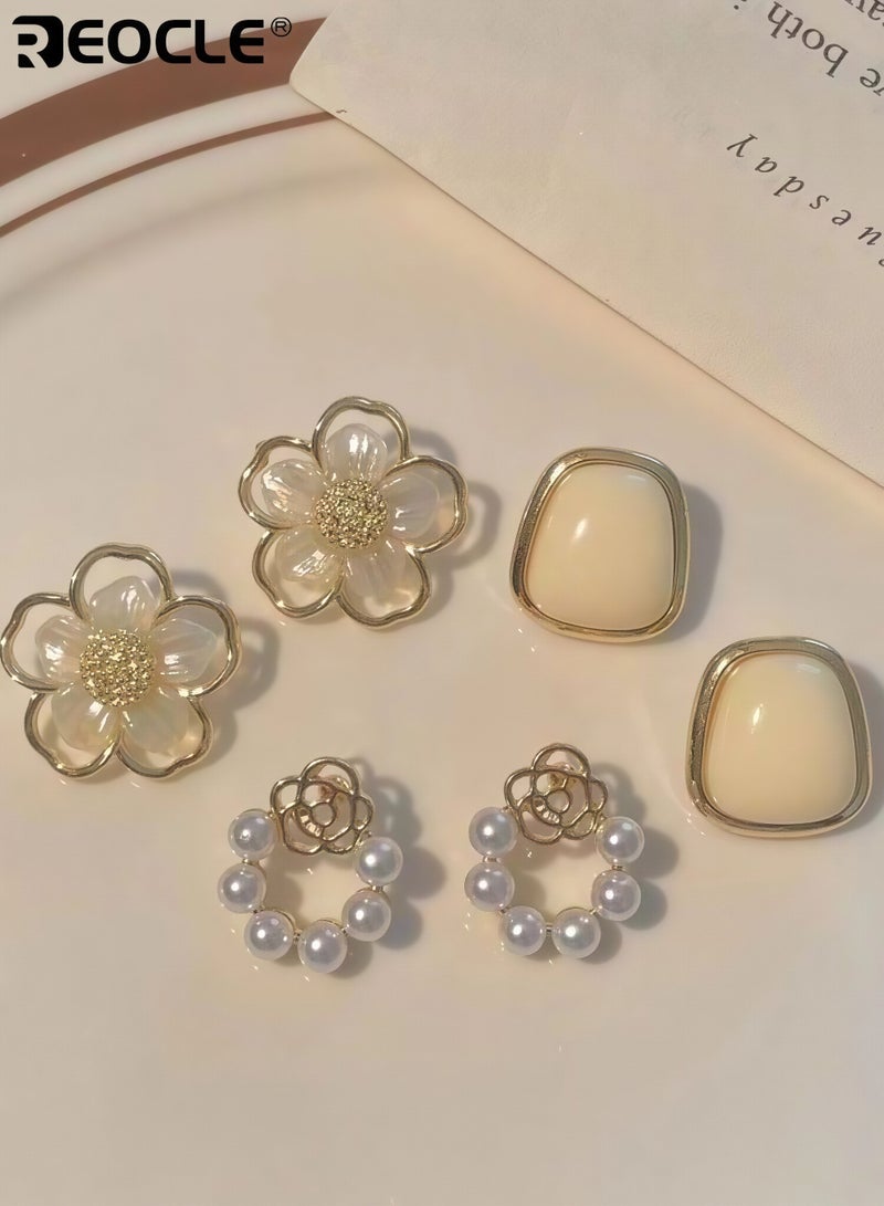 REOCLE 5 Pairs Women's Decorative Earring Set Floral Pearl-Accented & Embossed Motif Designs with Ornate Framing Versatile Earring Collection for Daily Casual & Office Wear - Image 3