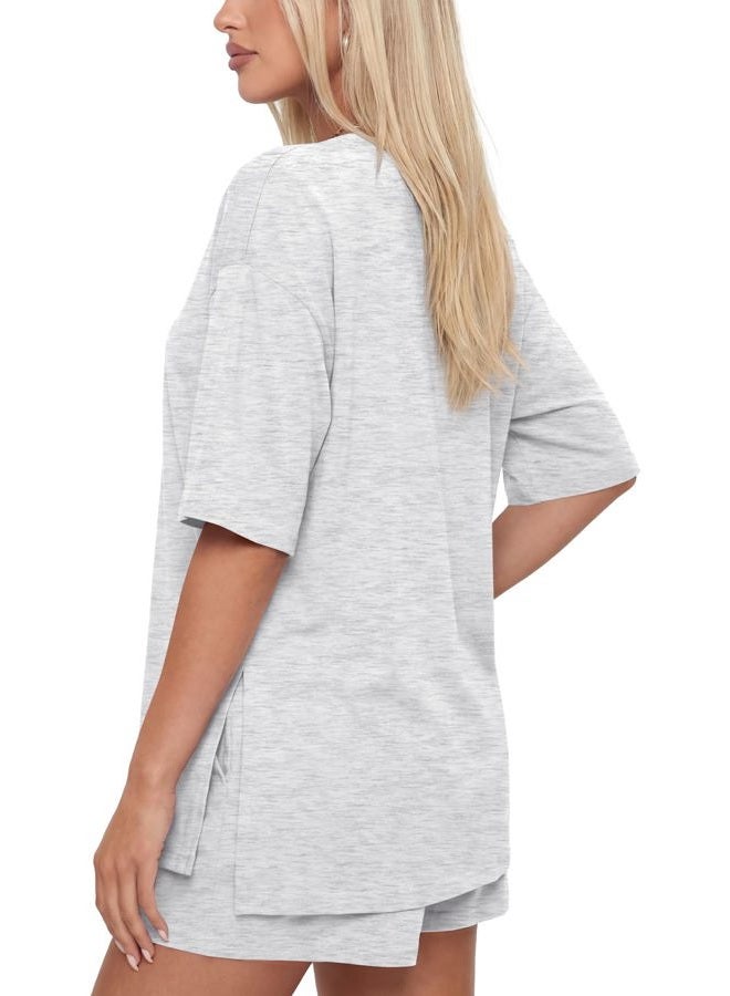Darong Women's Two Piece Loungewear Set Summer Casual Boxy Shirts Drawstring Shorts Matching Airport Travel Outfit, White Grey, XXL - Image 2