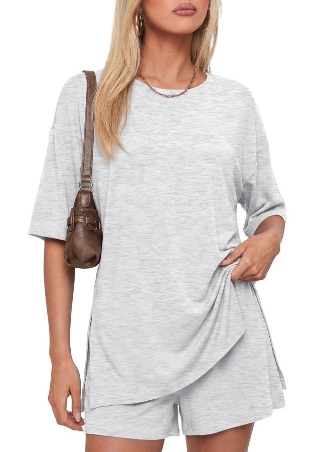 Darong Women's Two Piece Loungewear Set Summer Casual Boxy Shirts Drawstring Shorts Matching Airport Travel Outfit, White Grey, XXL - Image 1