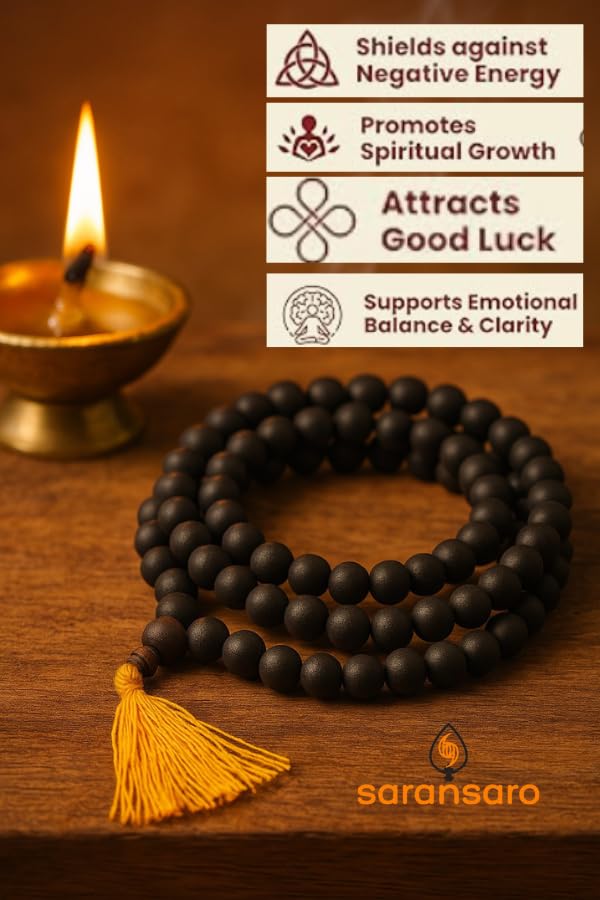 SARANSARO 100% Natural Unpolished Karungali Malai Original – Black Ebony Wood 108+1 Beads, 8mm Certified Karungali Mala for Jaap, Pooja & Meditation - Image 4