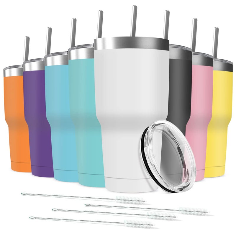 Deitybless Deitybless 30oz Stainless Steel Travel Mug with Lid 8 Pack Double Wall Vacuum Insulated Bulk Tumbler with 8 Straws Powder Coated Coffee Cup Suitable for Vehicle Cup HoldersAssorted Colors 