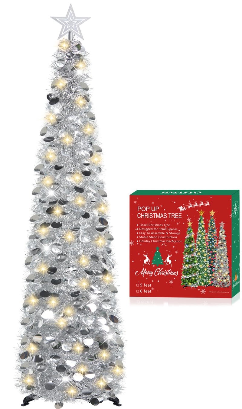 HMASYO 5 FT Pop Up Christmas Tree with Timer Lights, Silver Christmas Tinsel Tree, Collapsible Artificial Pencil Christmas Tree for Indoor Home Apartment Porch Holiday Party Decorations - Image 1
