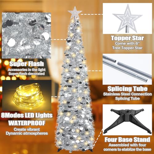 HMASYO 5 FT Pop Up Christmas Tree with Timer Lights, Silver Christmas Tinsel Tree, Collapsible Artificial Pencil Christmas Tree for Indoor Home Apartment Porch Holiday Party Decorations - Image 5