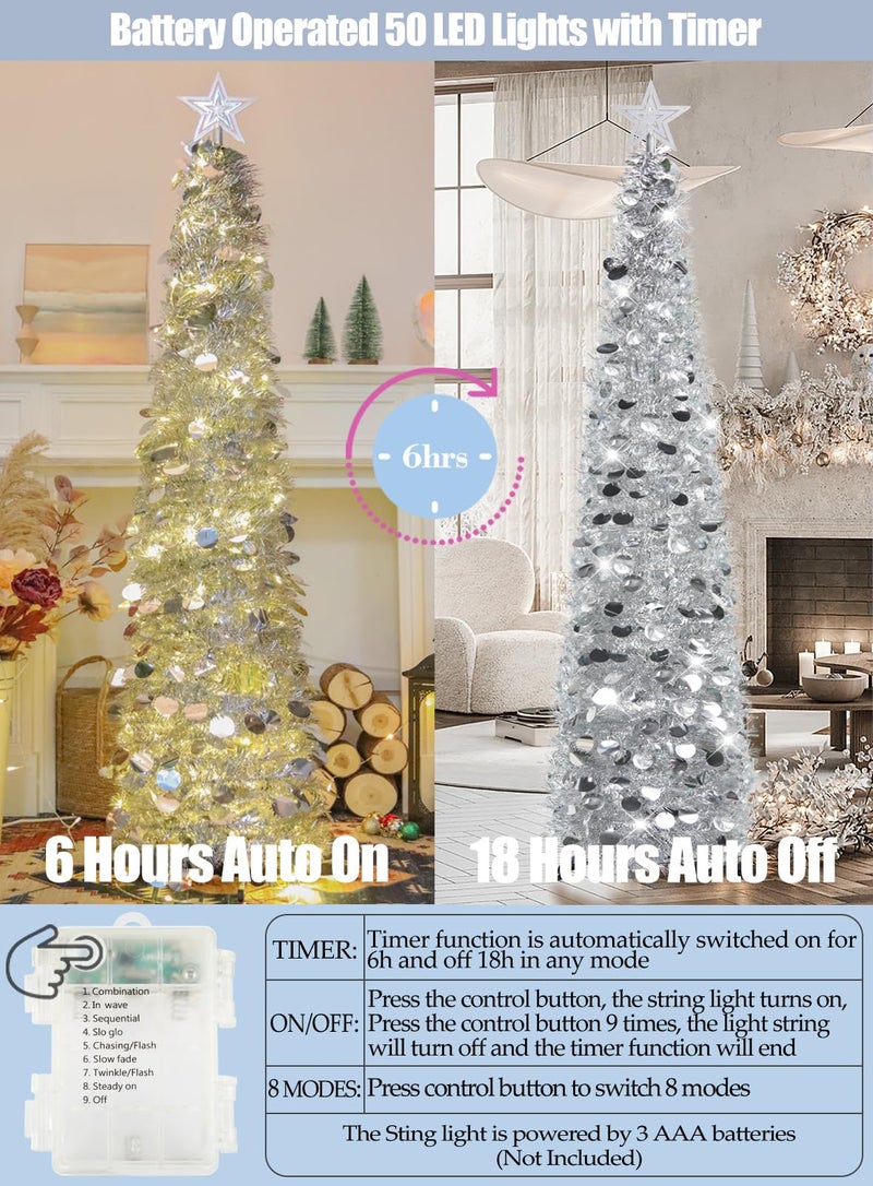 HMASYO 5 FT Pop Up Christmas Tree with Timer Lights, Silver Christmas Tinsel Tree, Collapsible Artificial Pencil Christmas Tree for Indoor Home Apartment Porch Holiday Party Decorations - Image 3