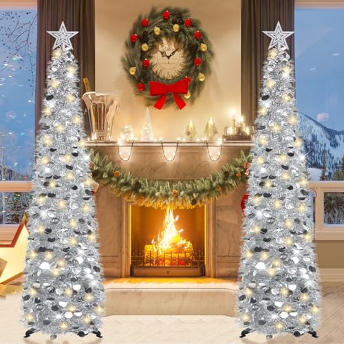HMASYO 5 FT Pop Up Christmas Tree with Timer Lights, Silver Christmas Tinsel Tree, Collapsible Artificial Pencil Christmas Tree for Indoor Home Apartment Porch Holiday Party Decorations - Image 2