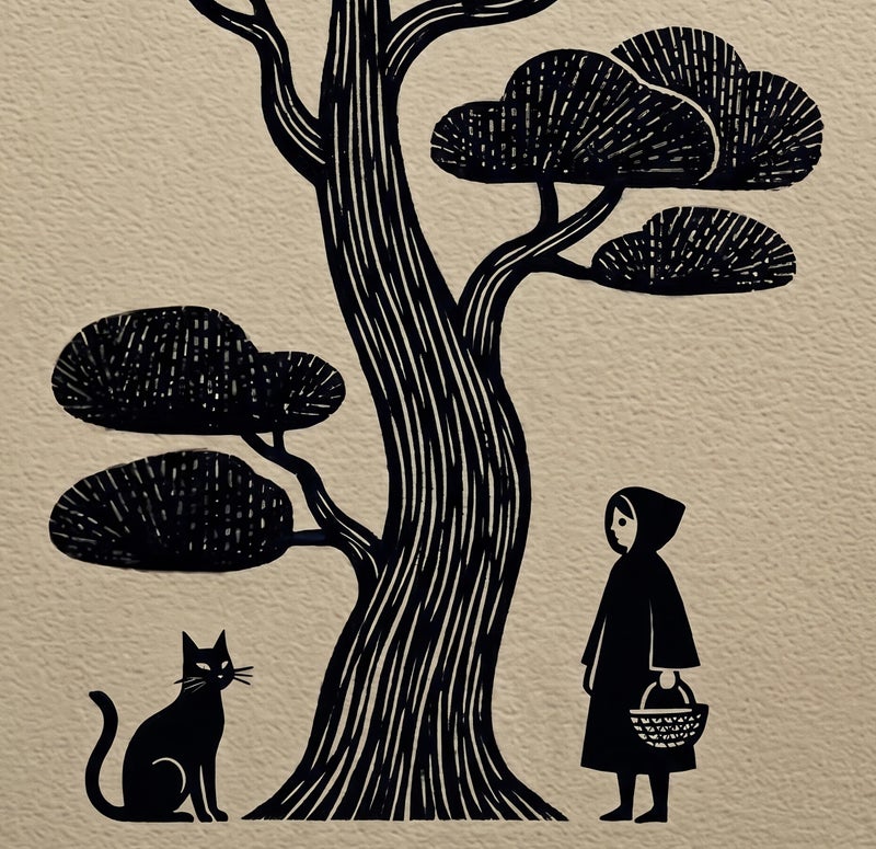 TNESSENTIAL Block Print Cat Art – Japanese Woodcut Style Poster, Minimalist Zen Tree Decor, Folklore Feline Print, Dark Cottagecore Art, Black Cat Gift - Image 2
