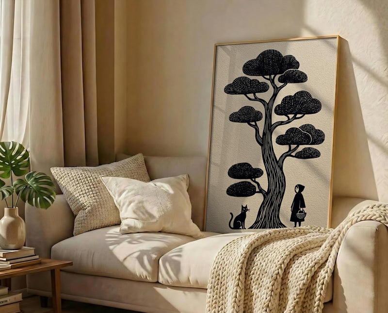 TNESSENTIAL Block Print Cat Art – Japanese Woodcut Style Poster, Minimalist Zen Tree Decor, Folklore Feline Print, Dark Cottagecore Art, Black Cat Gift - Image 3