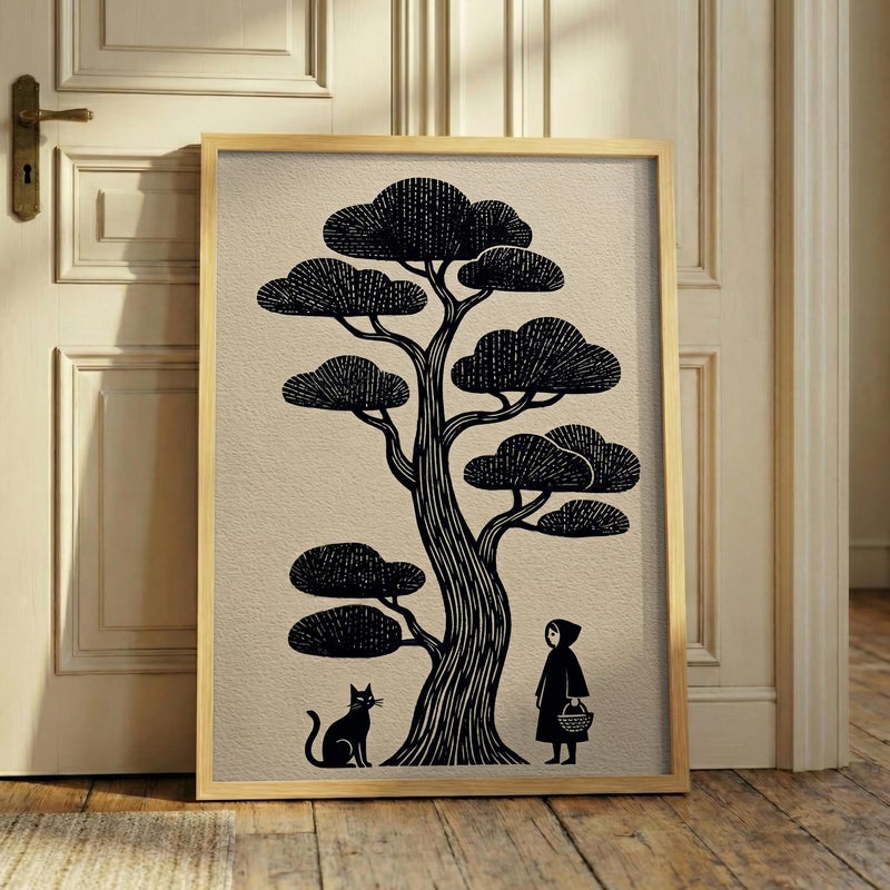 TNESSENTIAL Block Print Cat Art – Japanese Woodcut Style Poster, Minimalist Zen Tree Decor, Folklore Feline Print, Dark Cottagecore Art, Black Cat Gift - Image 4