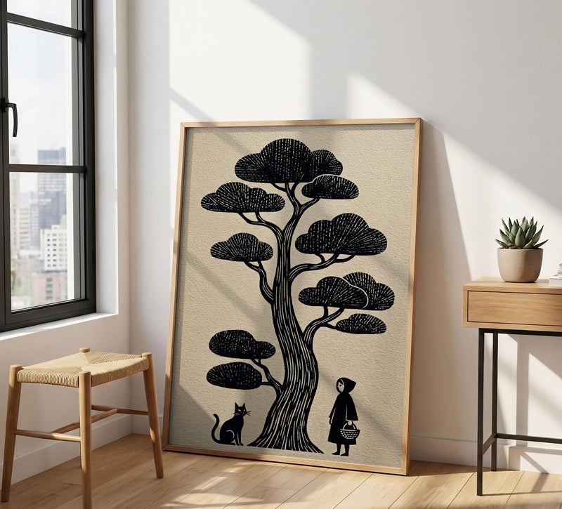 TNESSENTIAL Block Print Cat Art – Japanese Woodcut Style Poster, Minimalist Zen Tree Decor, Folklore Feline Print, Dark Cottagecore Art, Black Cat Gift - Image 1