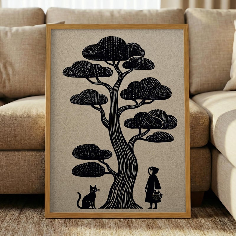 TNESSENTIAL Block Print Cat Art – Japanese Woodcut Style Poster, Minimalist Zen Tree Decor, Folklore Feline Print, Dark Cottagecore Art, Black Cat Gift - Image 5