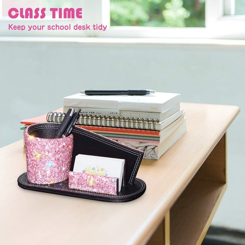 KEYPOWER Pen Pencil Holder Business Name Cards Decorative Bling Crystal Rhinestone PU Leather Gift for Women Girls (Pink) - Image 4