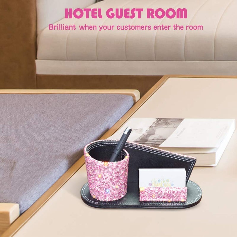 KEYPOWER Pen Pencil Holder Business Name Cards Decorative Bling Crystal Rhinestone PU Leather Gift for Women Girls (Pink) - Image 5