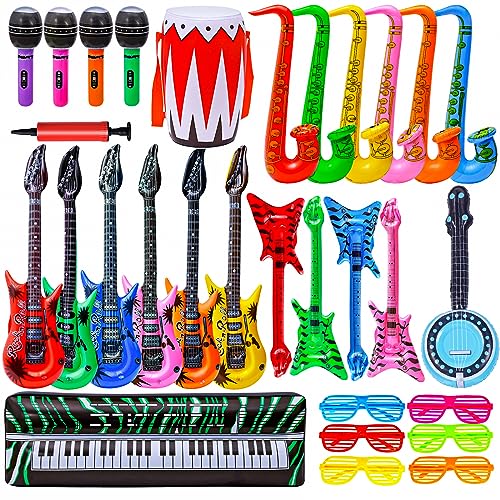 Max Fun Inflatable Rock Star Toy Set 30 PCS 80s 90s Party Decorations Inflatable Party Props Musical Instrument Blow up Guitar Inflate Rock Band for Carnival Party Favors Rock and Roll Party Supplies - Image 1