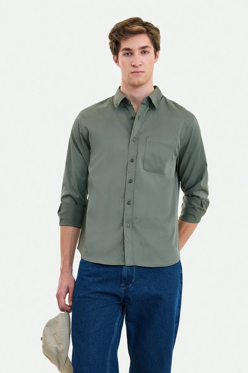 سنيتش Sage Green Solid Long Sleeve Regular Fit Shirt