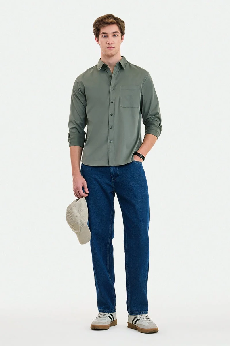 سنيتش Sage Green Solid Long Sleeve Regular Fit Shirt