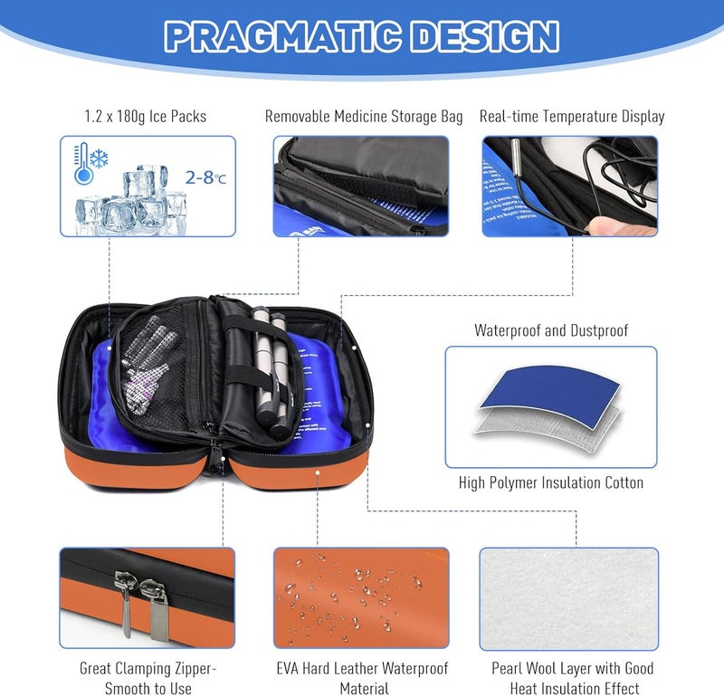 Verifine Insulin Cooler Travel Case 2  180g TSA Approved Ice Packs Refrigerated Medicine Case with Temperature Display Orange - Image 3