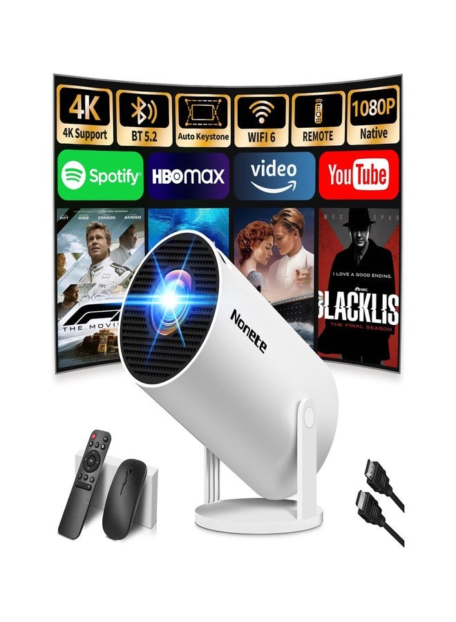Nonete [2026 Upgraded] Mini Projector Support 4K 1080P FHD Auto Keystone 270° Rotatable with WiFi 6 and Bluetooth 5.2 Projector Portable Compatibile with HDMI/TV Stick/Memory Stick/Laptop,White - Image 1