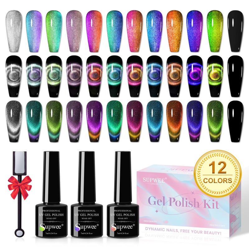 SUPWEE Cat Eye Gel Nail Polish Set - 12 Colors 9D Magnetic Nail Polish Gel Galaxy Cateye Nail Gels Polishes with 1 Black Gels and Magnetic Lamp Cure Required Home Manicure DIY Nail Art - Image 1