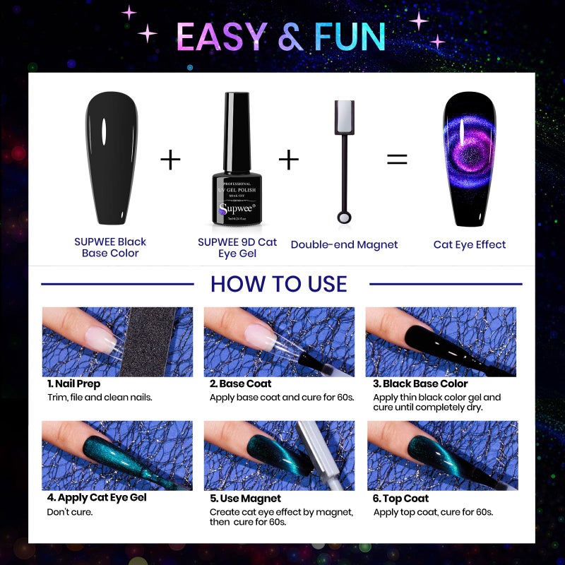 SUPWEE Cat Eye Gel Nail Polish Set - 12 Colors 9D Magnetic Nail Polish Gel Galaxy Cateye Nail Gels Polishes with 1 Black Gels and Magnetic Lamp Cure Required Home Manicure DIY Nail Art - Image 3
