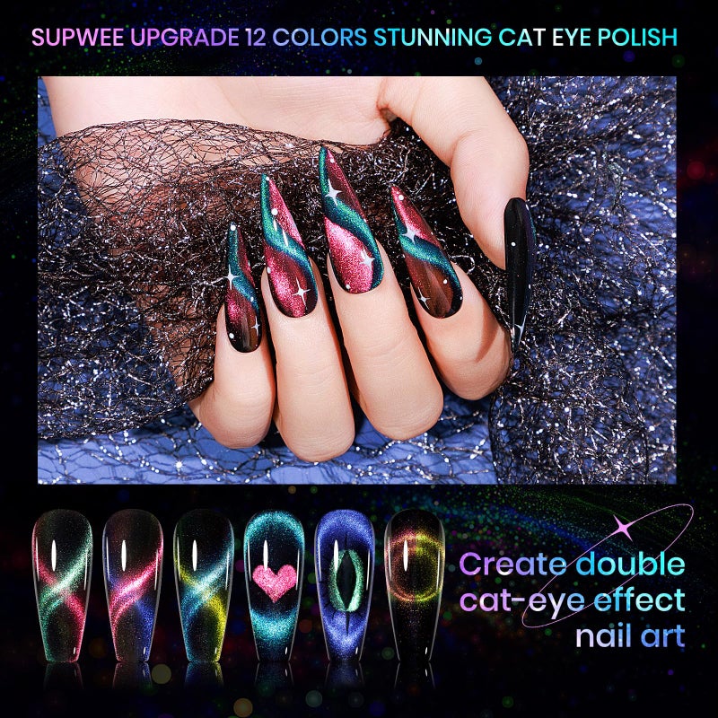 SUPWEE Cat Eye Gel Nail Polish Set - 12 Colors 9D Magnetic Nail Polish Gel Galaxy Cateye Nail Gels Polishes with 1 Black Gels and Magnetic Lamp Cure Required Home Manicure DIY Nail Art - Image 5