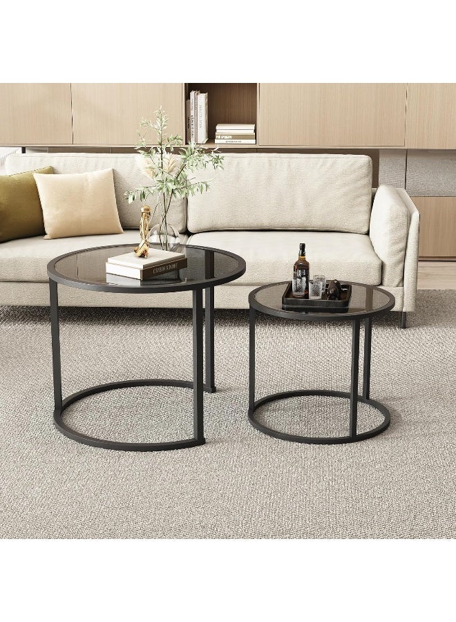 Hometaste Contemporary Elegance: 2-Piece Nesting Coffee Table Set - Sleek Tempered Glass Versatile Metal Frame - Ideal For Living Room Office And Home Decor Black