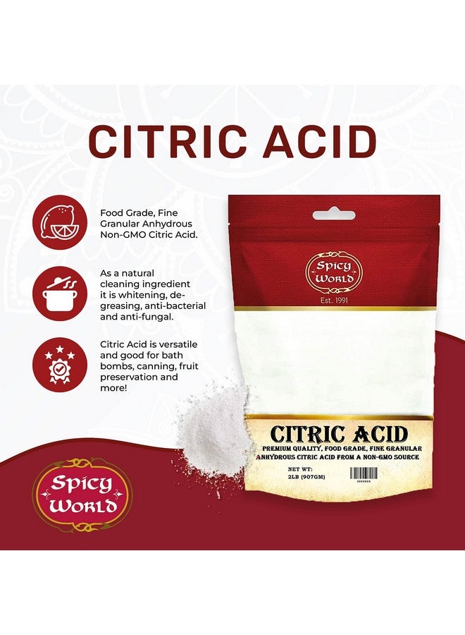 Spicy World Citric Acid 2 LB Bag - 100% Pure, Food Grade & Non-GMO - Citric Acid Powder for Cleaning, Bath Bombs, Preserving - Fine Granular by Spicy World - Image 1