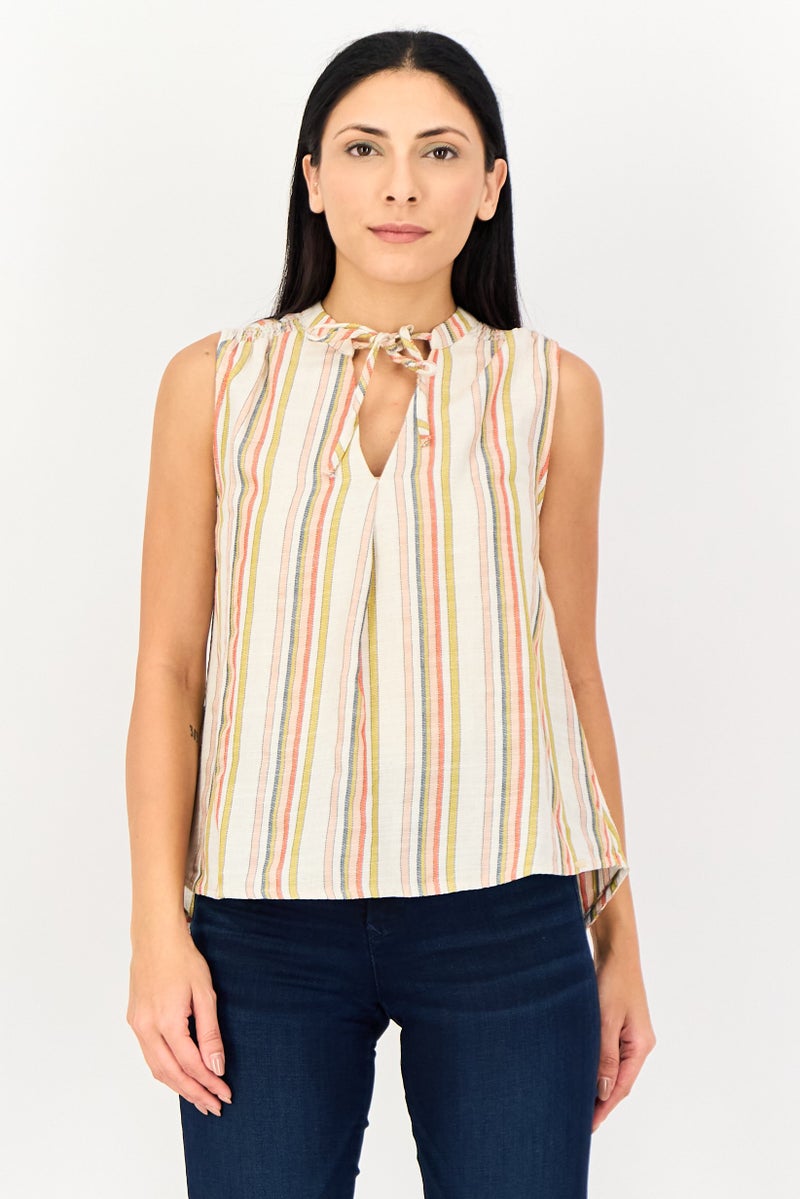 SALSA Women Tie Neck Sleeveless Stripe Top, Multicolor - Image 1