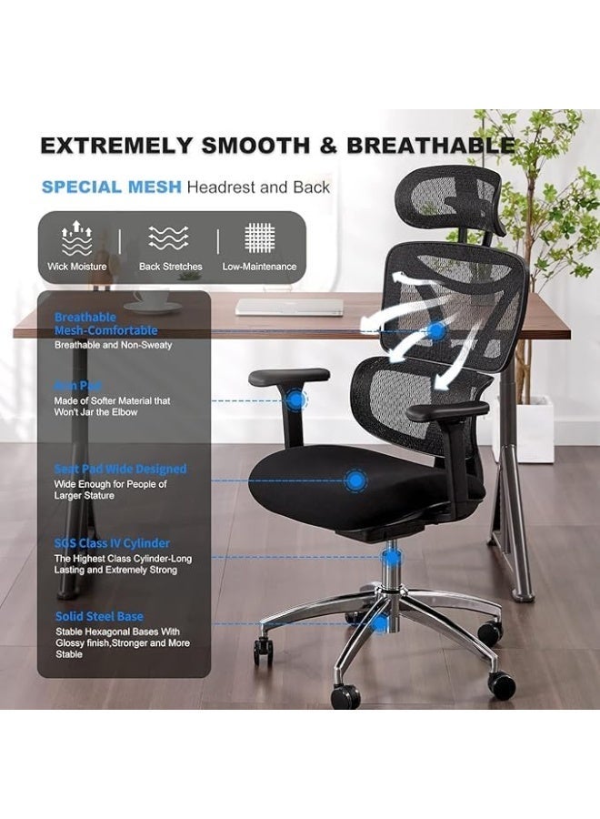 Comfortable office chair for home or office use with adjustable headrest and armrests, high-quality mesh back, thick padded cushion, dynamic lumbar support, 360-degree swivel design, black. - Image 5