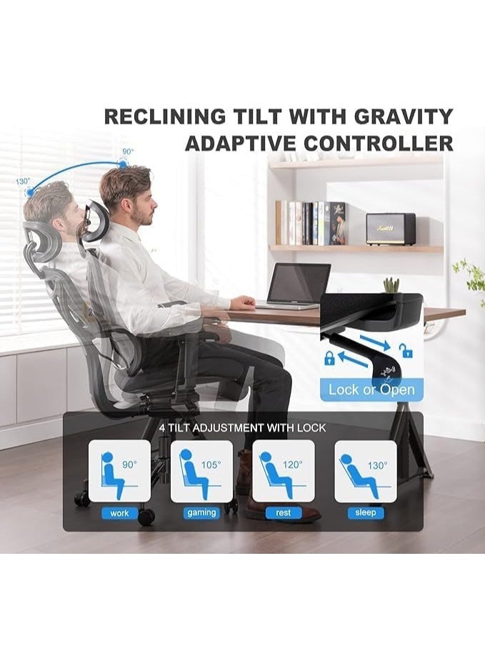 Comfortable office chair for home or office use with adjustable headrest and armrests, high-quality mesh back, thick padded cushion, dynamic lumbar support, 360-degree swivel design, black. - Image 2