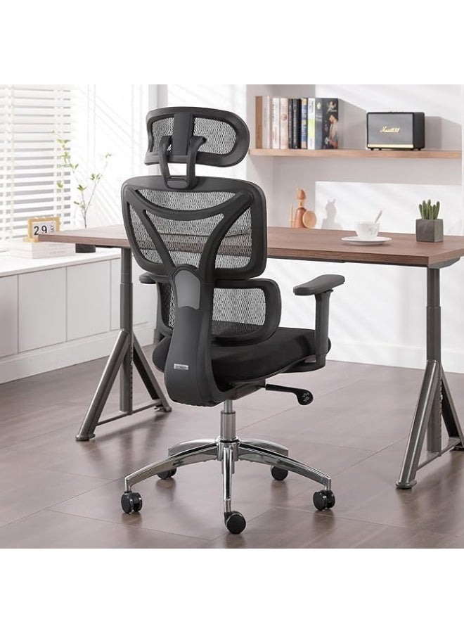 Comfortable office chair for home or office use with adjustable headrest and armrests, high-quality mesh back, thick padded cushion, dynamic lumbar support, 360-degree swivel design, black. - Image 4