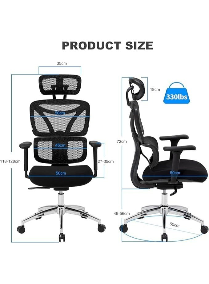 Comfortable office chair for home or office use with adjustable headrest and armrests, high-quality mesh back, thick padded cushion, dynamic lumbar support, 360-degree swivel design, black. - Image 3